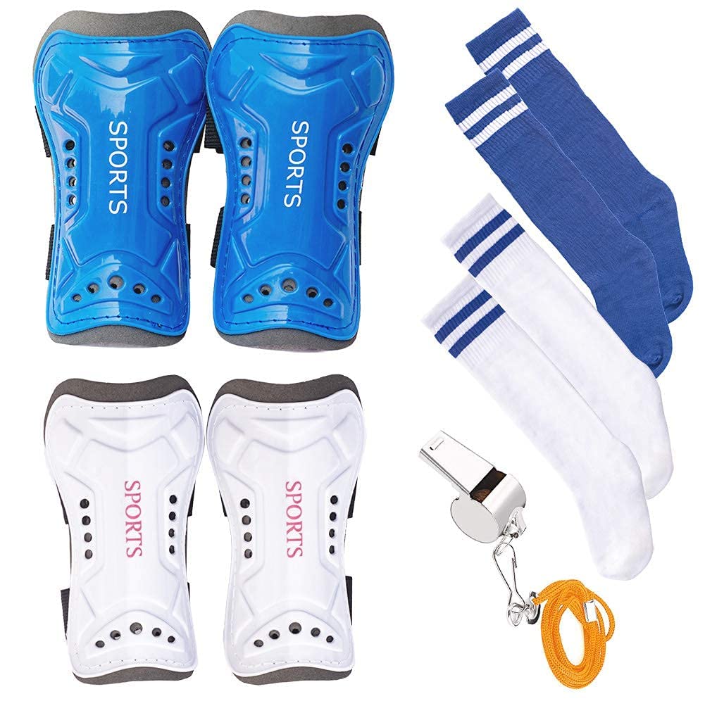 Wrzbest 2 Pair Kids Soccer Football Shin Guards Protector Calf Knee Protective Gear and 2 Pair Long Sleeve Socks with Profession