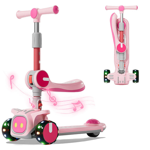 3 Wheel Scooter for Kids - Foldable & Unbreakable, 2-in-1 Kick Scooter with Music and Lights, Adjustable Height, Wide Deck, Flas