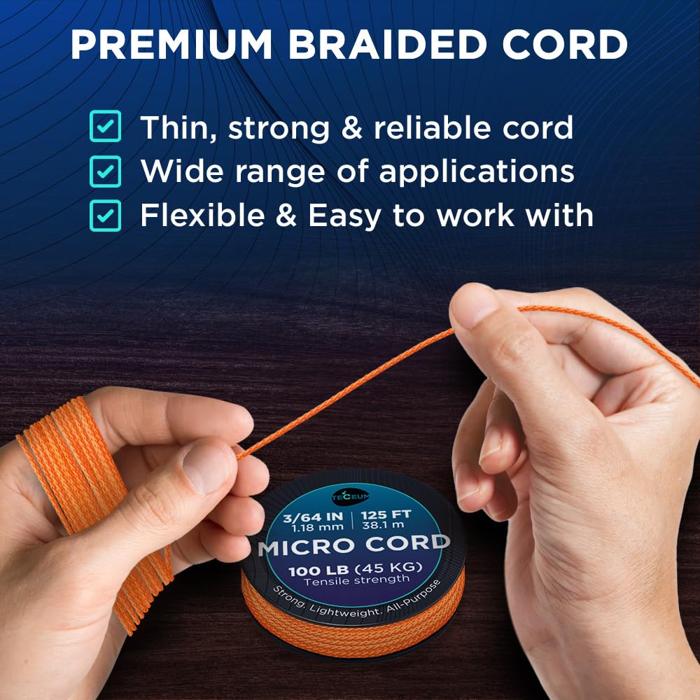 Teceum Micro Paracord - Orange - 1.18 Mm X 125 Ft - Micro Utility Cord - Thin Braided Paracord Rope Nylon Polyester - Wind Chime