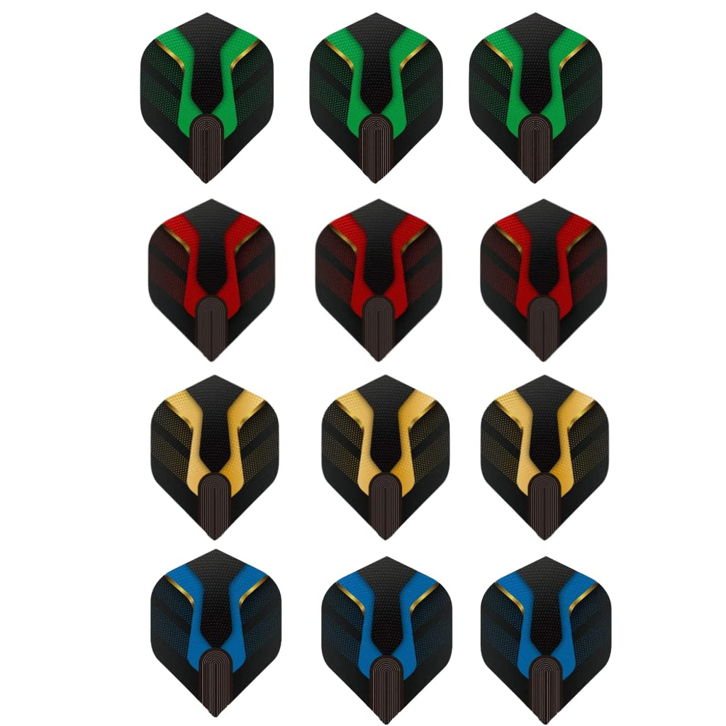 Shot Taker Co. Est. 2017 Standard Dart Flights 60Pc (12 Designs) + 16Pc Flight Savers - Durable Replacement Feather Tail Wings -