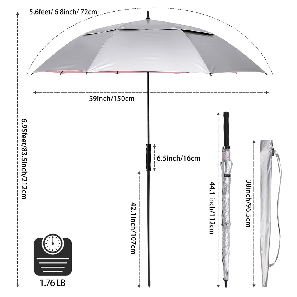 G4Free Vented Uv Golf/Beach Umbrella 68'' Arc, Auto Open Oversize Extra Large Windproof Sun Shade Rain Umbrellas(Silver/Pink)