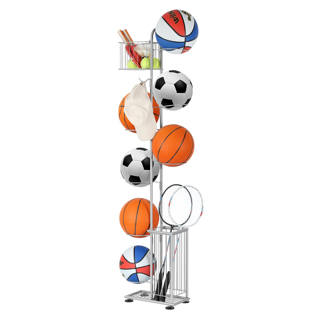 Garage Ball Storage Sports Equipment Organizer 7 Tier Basketball Rack Display Stand With Baskets And Hooks Freestanding Indoor &