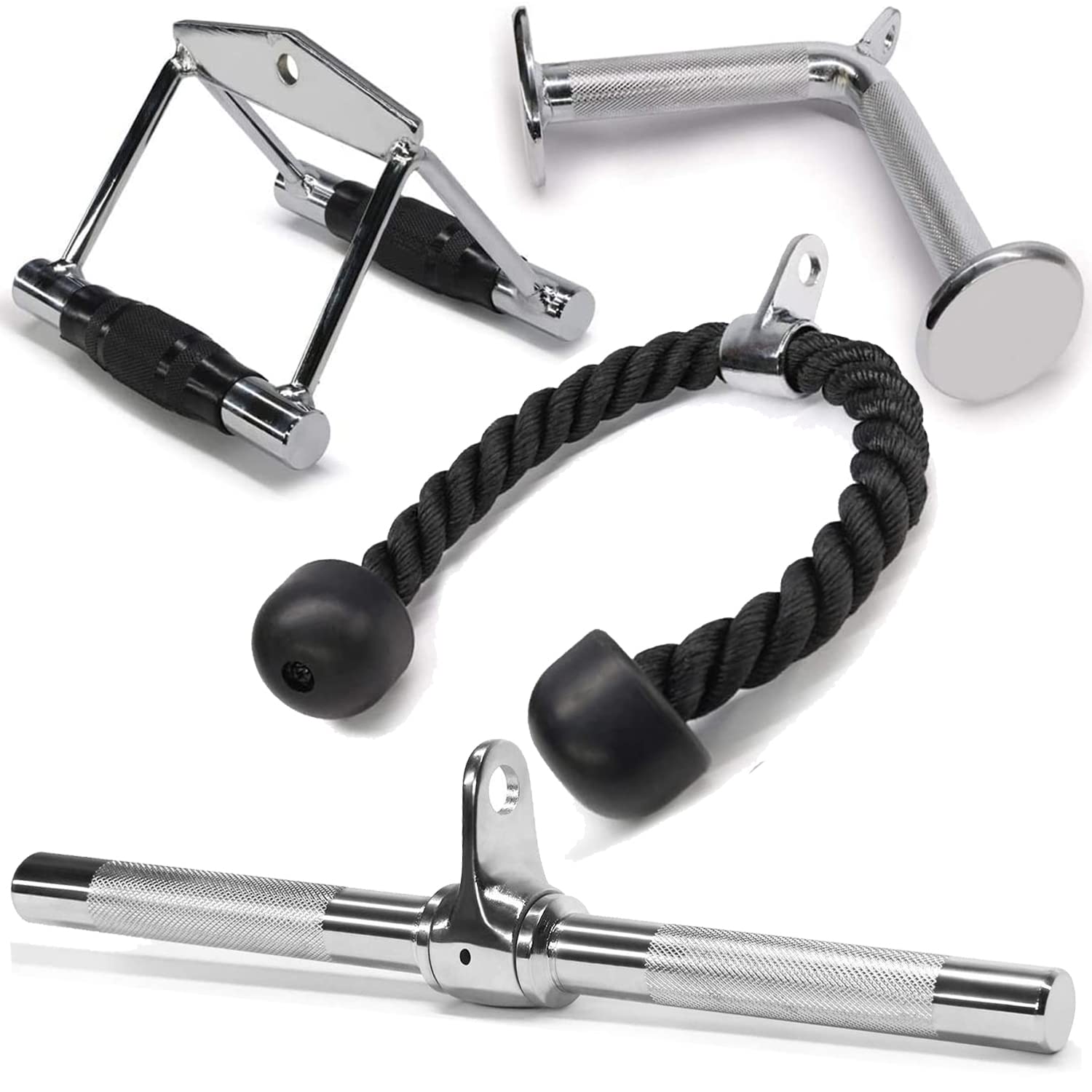 Yes4All Combo Double D Handle Cable Attachment, Tricep Ropetricep Pull Down Rope, Rotating Straight Bar, And V-Shaped Bar Handle