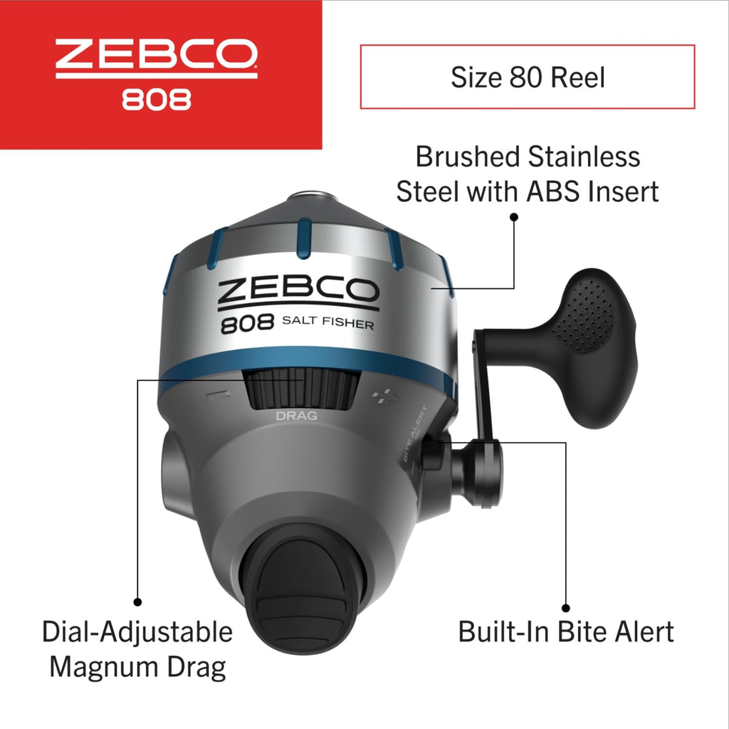 Zebco 808 Saltwater Spincast Reel And Fishing Rod Combo, 7-Foot 2-Piece Fishing Pole, Size 80 Reel, Changeable Right- Or Left-Ha