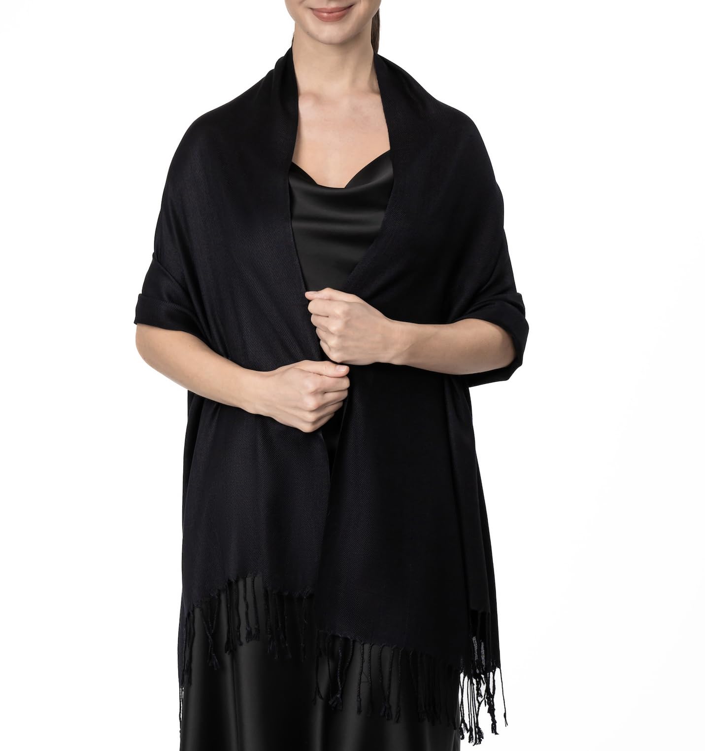 Achillea Large Soft Silky Pashmina Shawl Wrap Scarf In Solid Colors (Black)