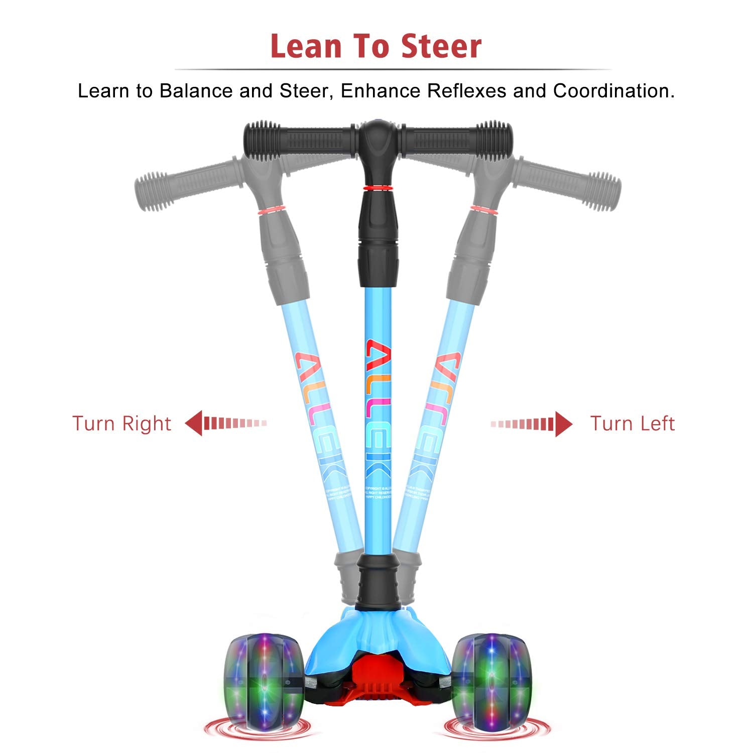 Allek Kick Scooter B02, Lean N Glide Scooter with Extra Wide PU Light-Up Wheels and 4 Adjustable Heights for Children from 3-12