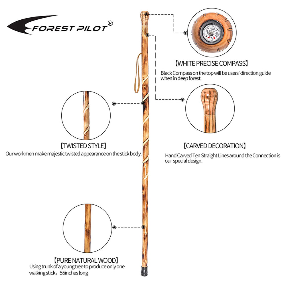 Forest Pilot Big Ball Head Twisted Style Wooden Walking Stick For Hiking With Compass (Nature Color, 48 Inches, One Piece)