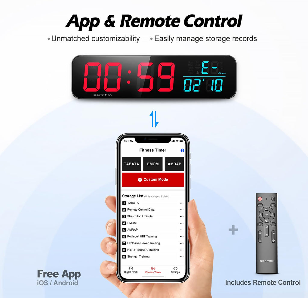 15.2 Gym Timer, App & Remote Control, Customizable Led Colors, Temperature, Date, Workout Interval Timer Stopwatch Countdown Lar