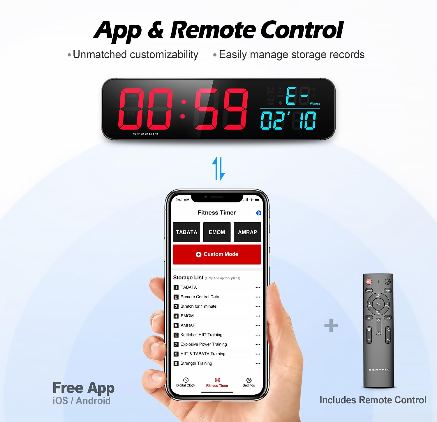 15.2 Gym Timer, App & Remote Control, Customizable Led Colors, Temperature, Date, Workout Interval Timer Stopwatch Countdown Lar