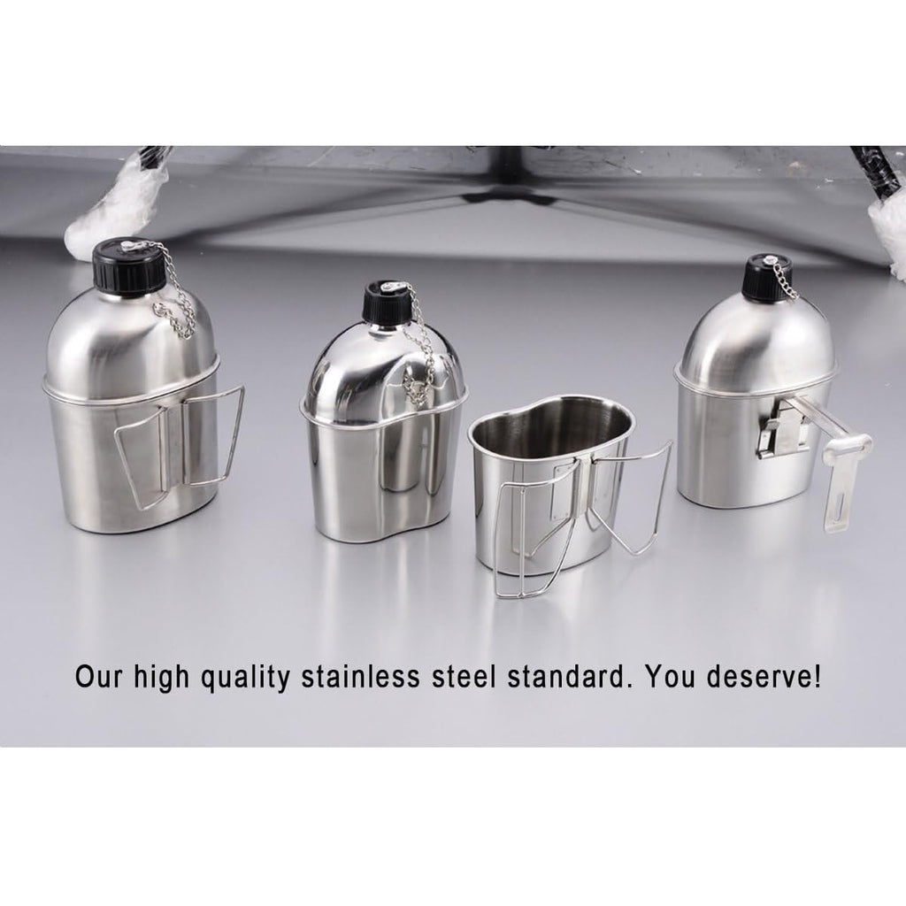 Afranti Stainless Steel Military Canteen 1Qt Portable Army Water Bottle With 0.5Qt Cup & Sleeves For Hiking Camping Climbing And