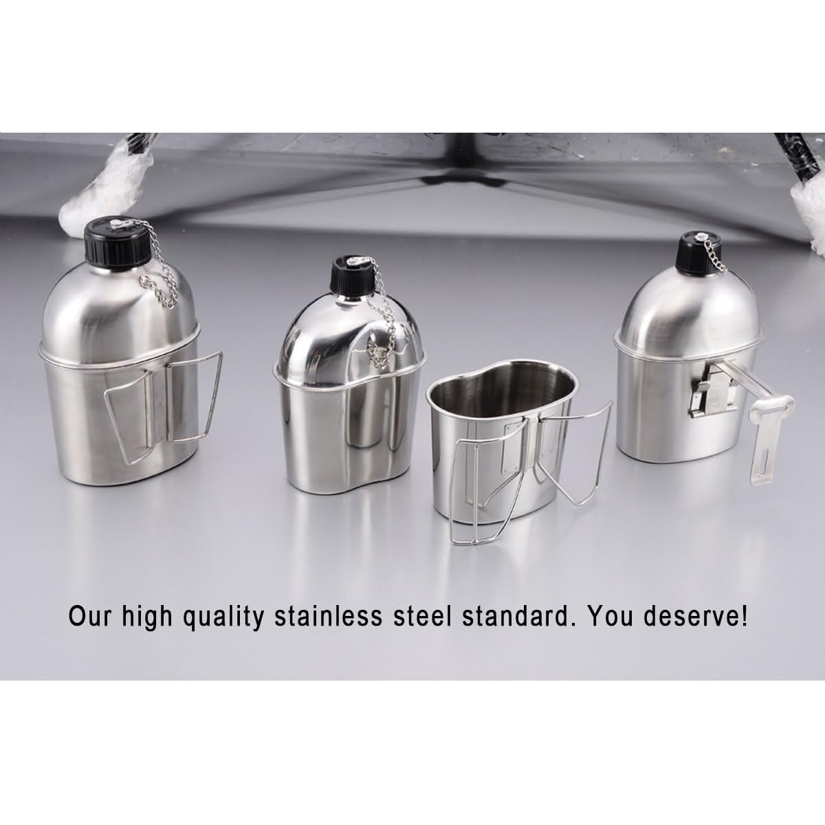 Afranti Stainless Steel Military Canteen 1Qt Portable Army Water Bottle With 0.5Qt Cup & Sleeves For Hiking Camping Climbing And