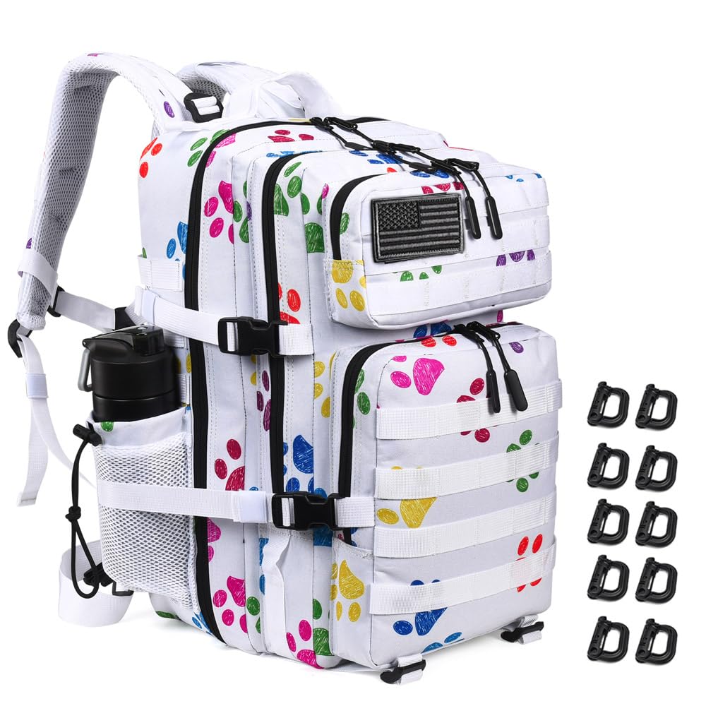 R.SASR Military Tactical Backpack 45L Large Tactical Backpack for Men, Hiking Rucksack With Bottle Holder (Colorful Paw Prints)