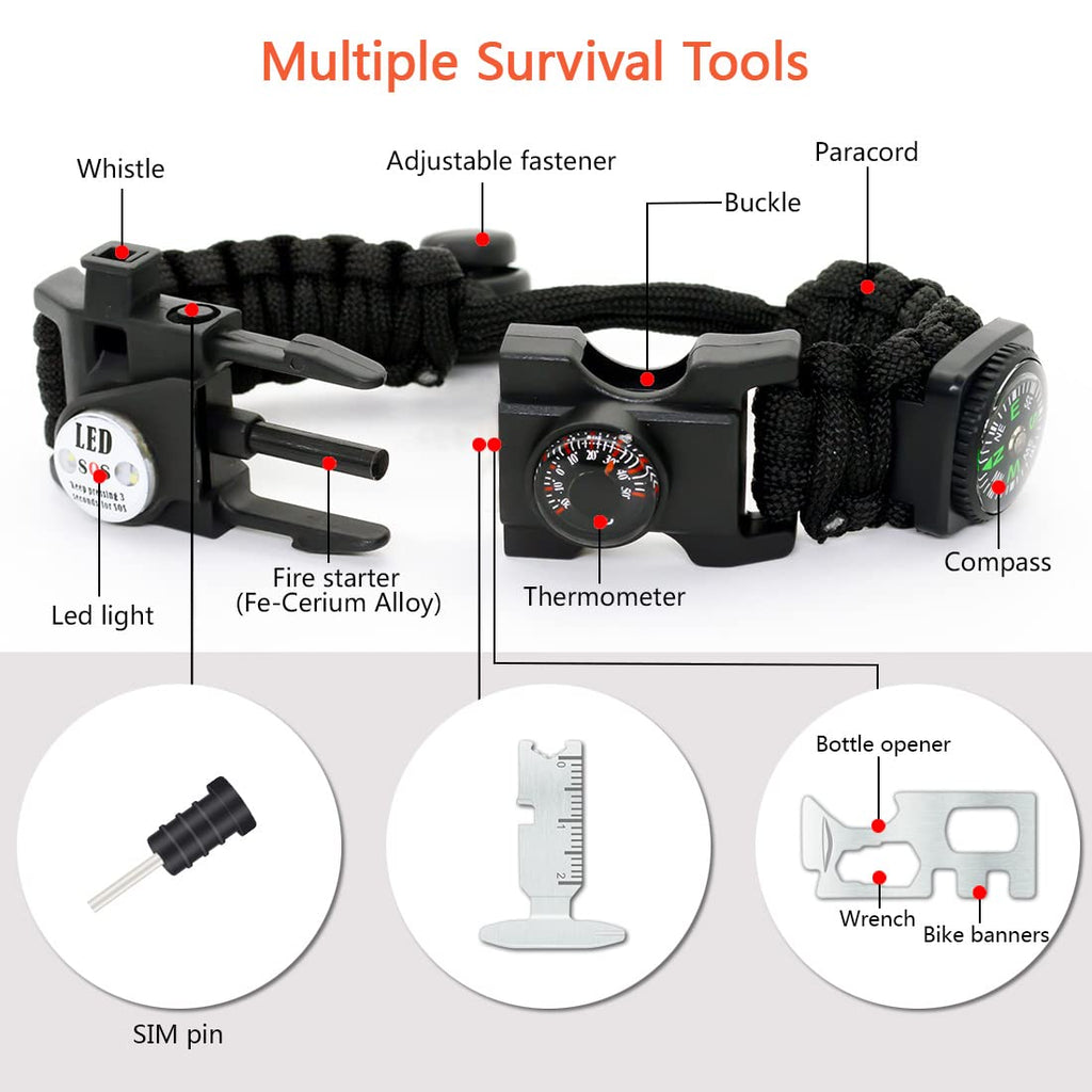 Nvioasport 20 In 1 Paracord Bracelet, Adjustable Gear Kit With Sos Led Light, Fire Starter, Bigger Compass, Survival Whistle, Pe