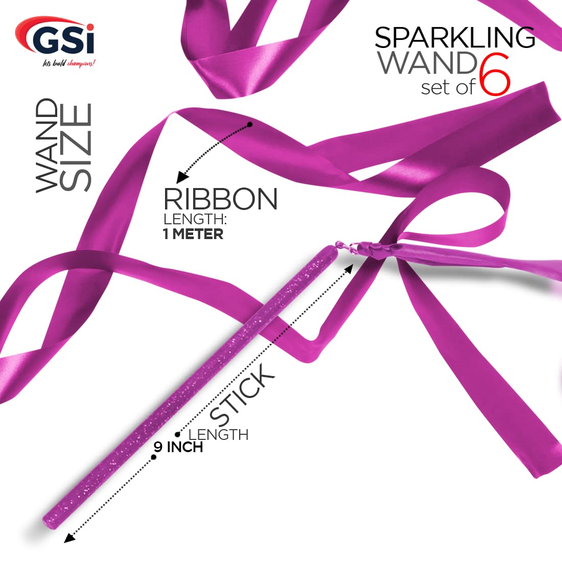 Gsi Multicolor Sparkling Gymnastic Ribbon Wands [6 Pack] With 9 Inch Stick And 1 Meter Ribbon For Gym, Training, Circus, Dance,