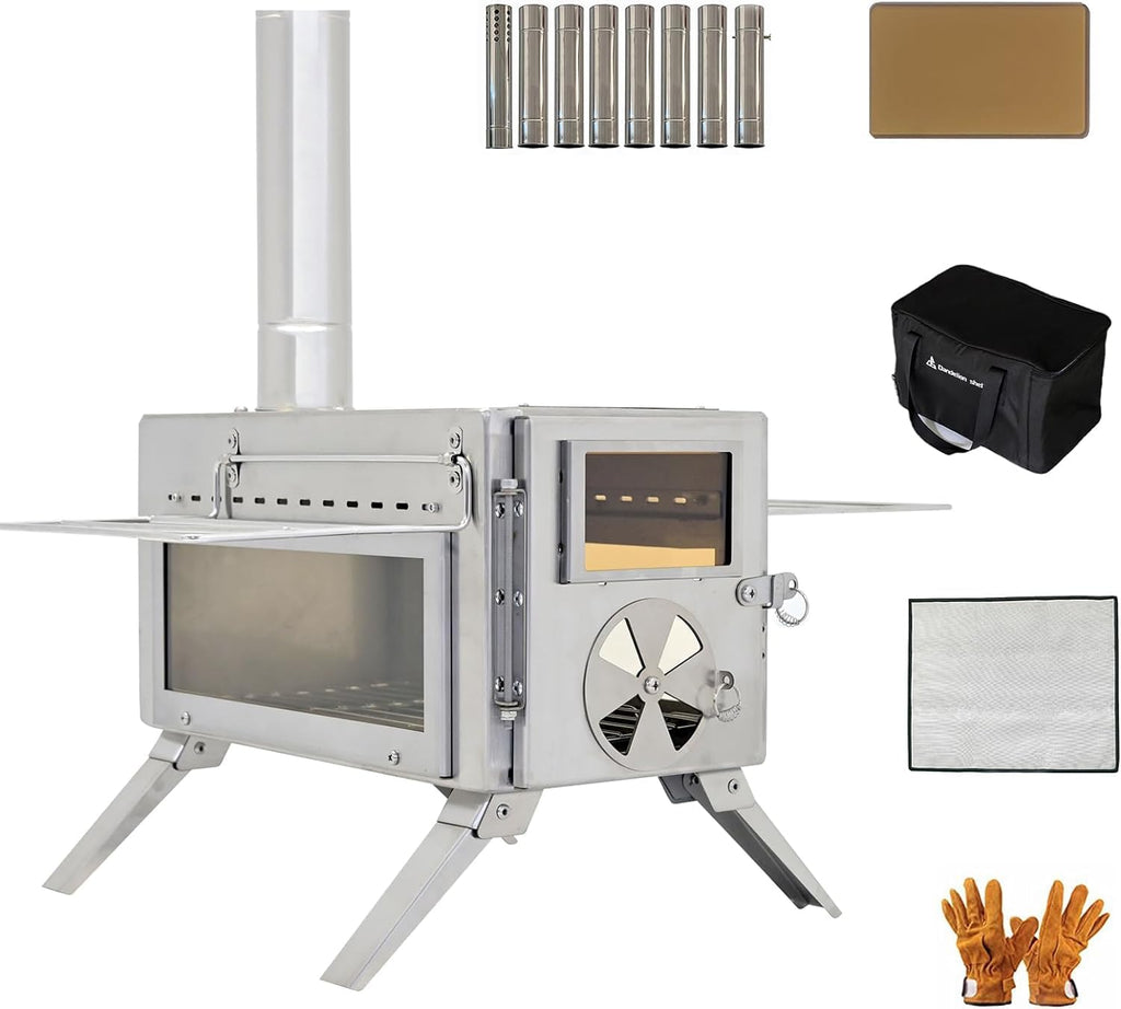 Wood Stove, Camping Wood Stove Include View Glass, Portable Wood Stove With 7 Stainless Steel Insulated Chimneys For Shelter, Hu