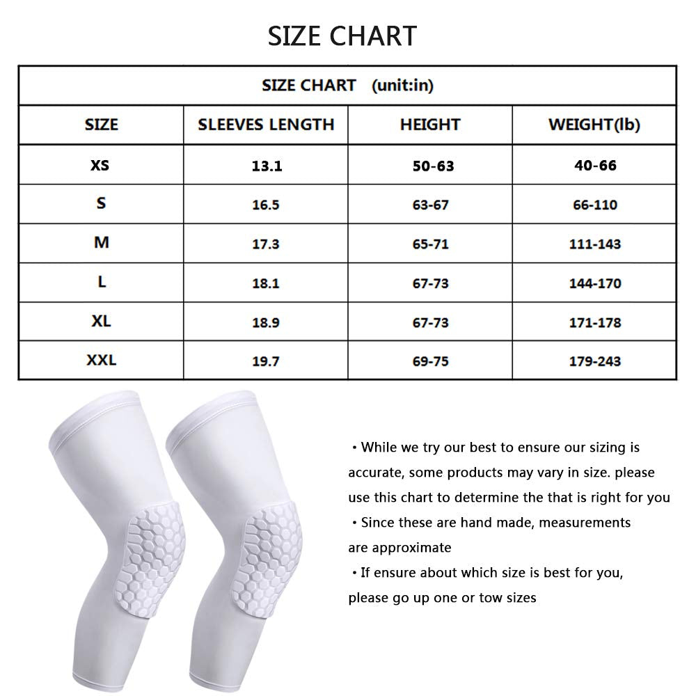 Pisiqi Knee Compression Pads Long Leg Sleeve Brace Protection For Basketball, Football & Volleyball (2 Sleeves) (White, L)