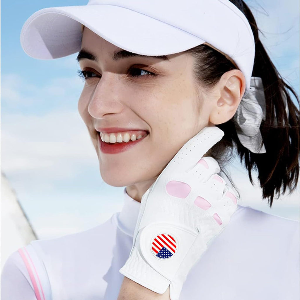 Amy Sport Golf Gloves Women Left Hand With Ball Marker Usa Flag Leather 2 Pack For Right Handed Golfer All Weather Grip Soft Com