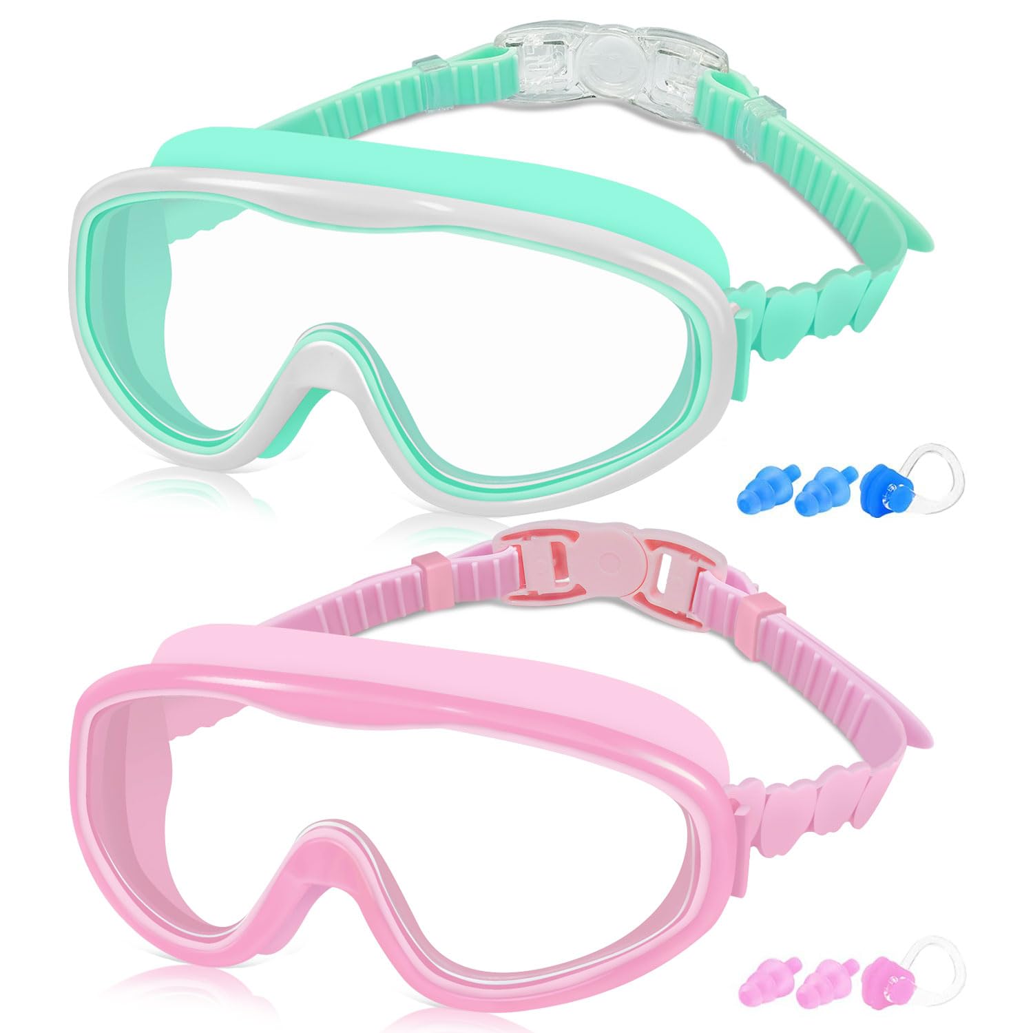Cooloo Kids Swim Goggles For Age 3-15, 2 Pack Kids Goggles For Swimming With Nose Cover, No Leaking, Anti-Fog, Waterproof, Mint 
