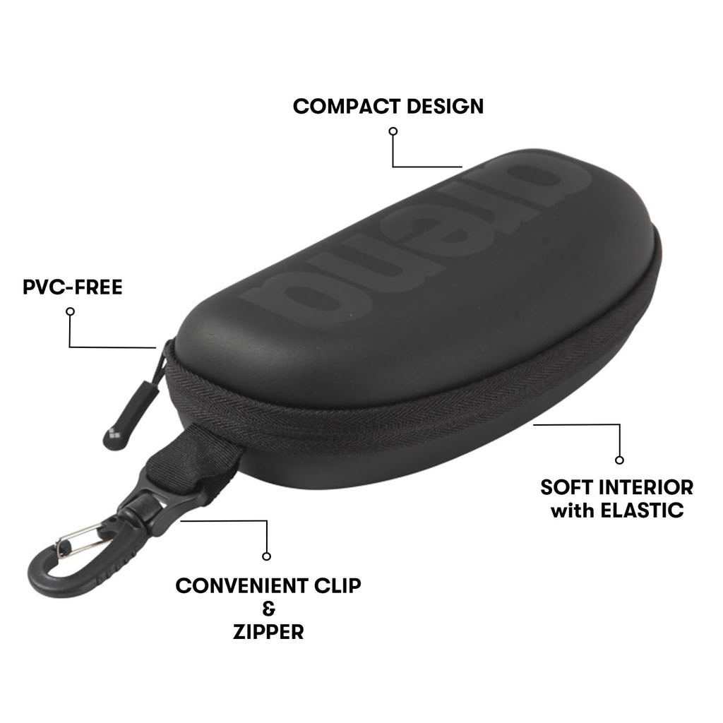 Arena Unisex Swim Goggle Case For Swimming Goggles, Hardcover Protective Carrying Case With Clip, All Black