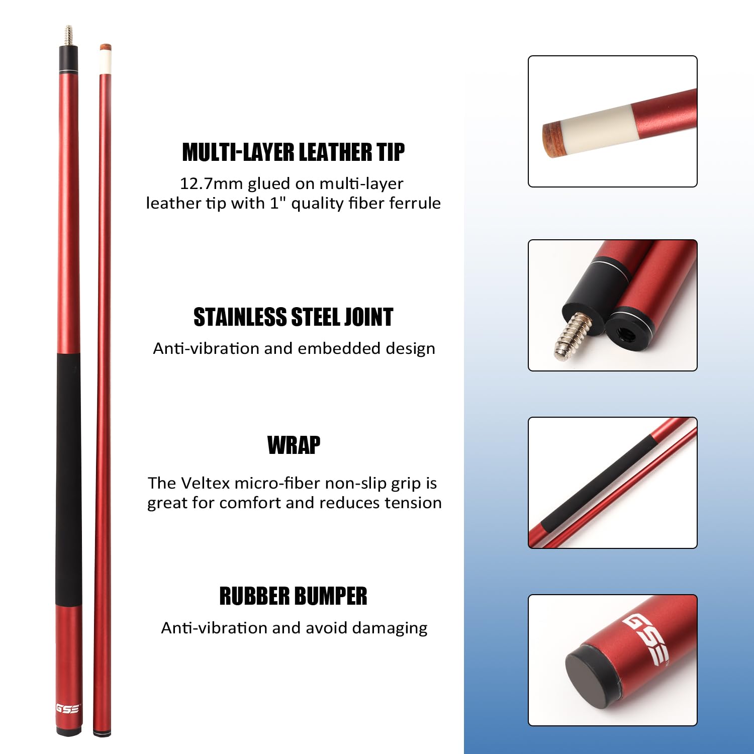 Gse 58'' 2-Piece Fiberglass Graphite Composite Billiard Pool Cue Stick (Matte Red, 18Oz)