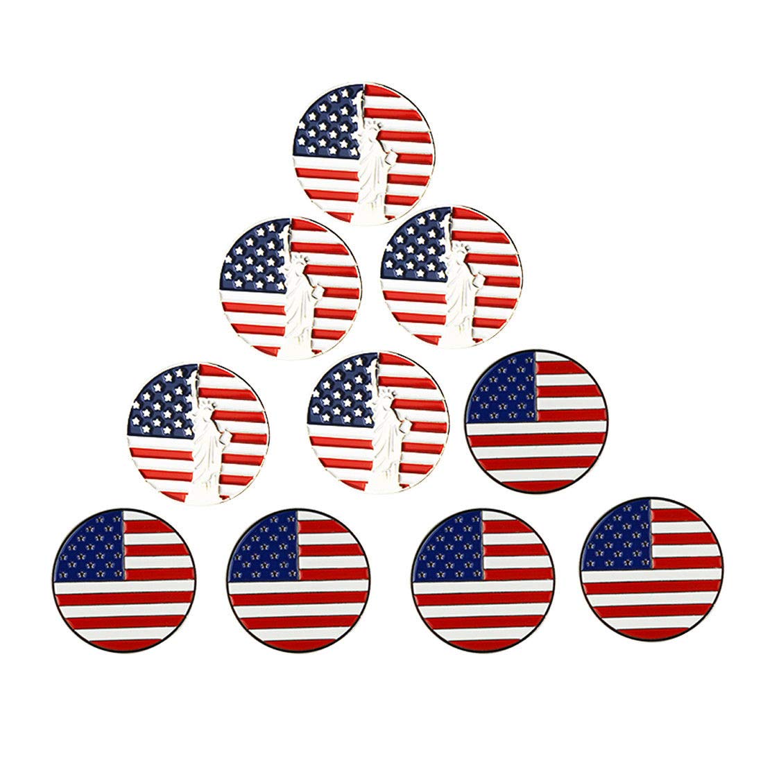 Pinmei Lot Of 10 Golf Ball Markers Assorted Patterns - Soft Enamel Technique (Usa Flag And Statue Of Liberty)