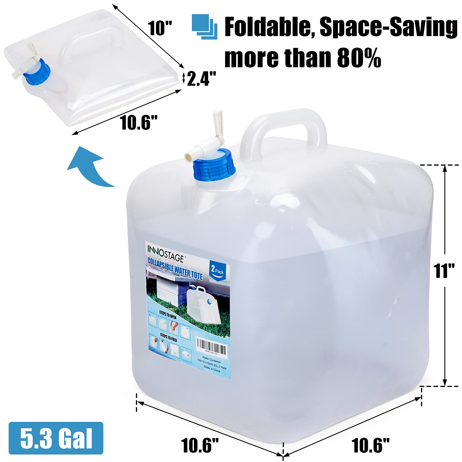 Inno Stage 4 Pack Collapsible Water Container 5.3 Gallon With Spigot, Camping Water Storage Carrier Jug For Outdoors Hiking, Fol