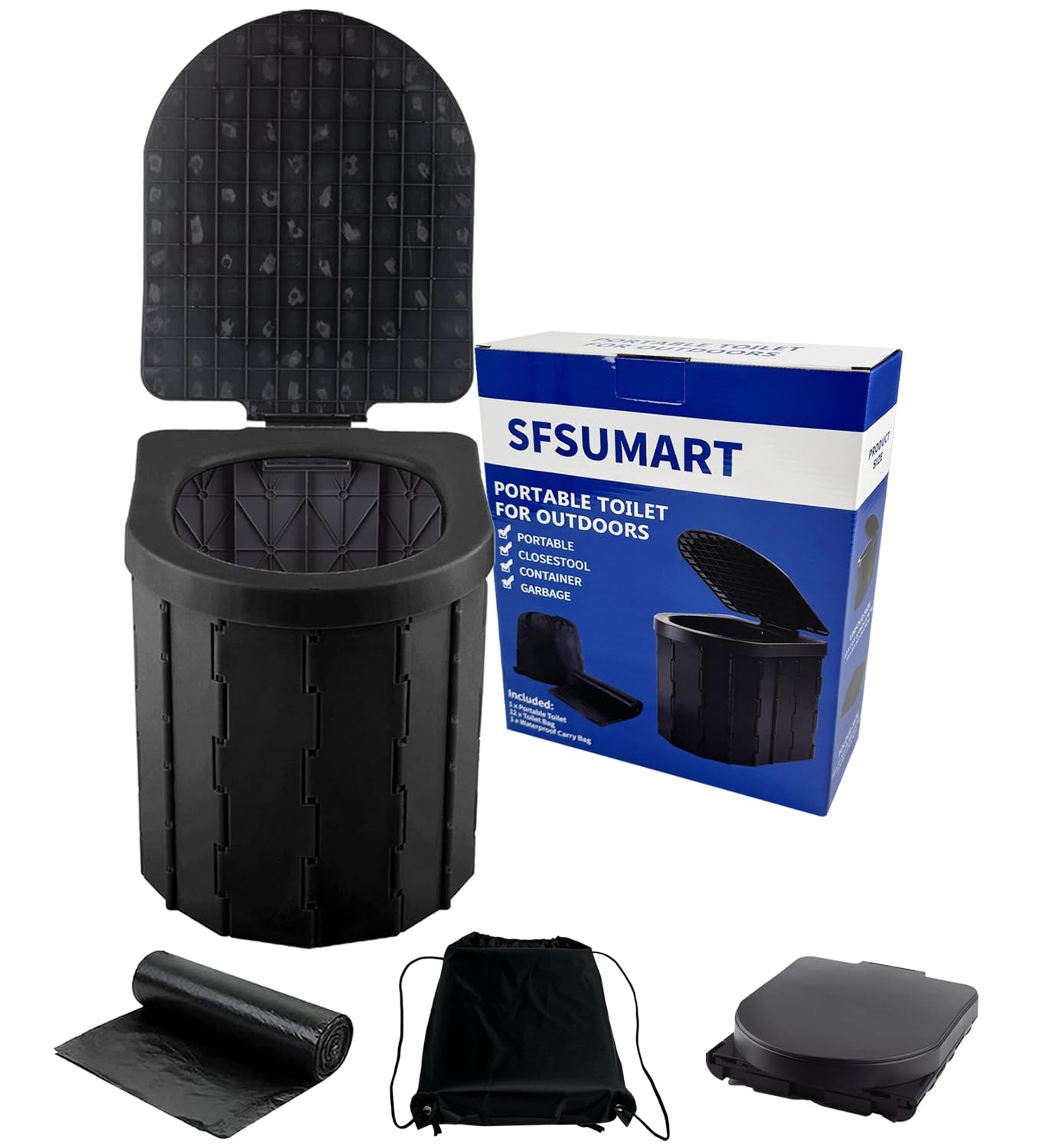 Portable Toilet For Camping, Sfsumart Foldable Camping Toilet For Adults, Emergency Potty, 12Pc Toilet Bags For Outdoor, Car Tra