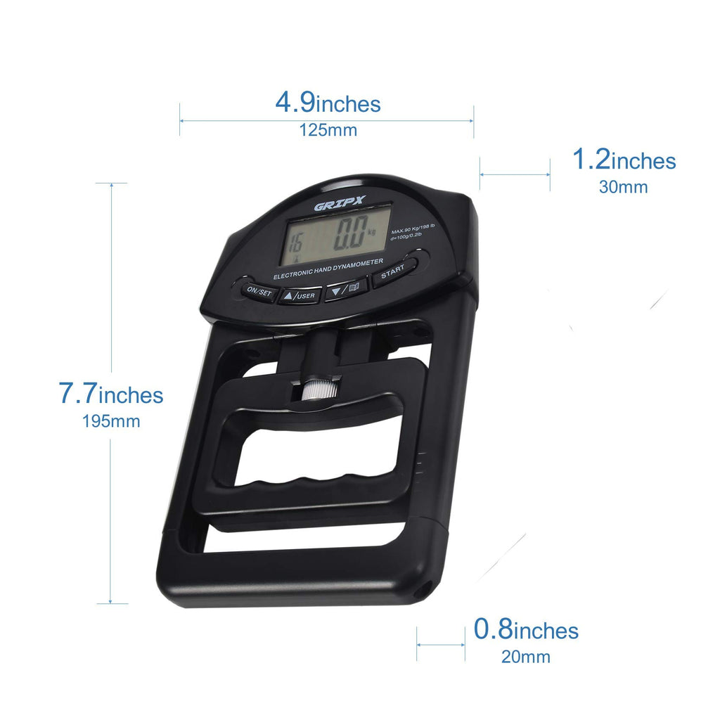 Gripx Digital Hand Dynamometer Grip Strength Measurement Meter Auto Capturing Electronic Hand Grip Power 198Lbs / 90Kgs, Black