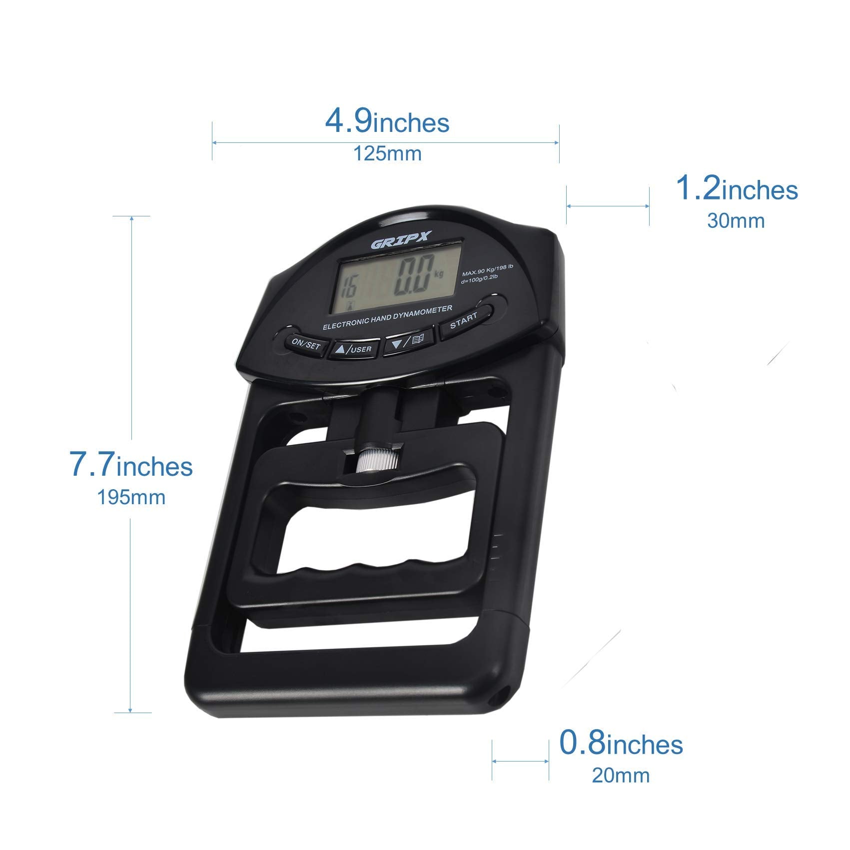 Gripx Digital Hand Dynamometer Grip Strength Measurement Meter Auto Capturing Electronic Hand Grip Power 198Lbs / 90Kgs, Black