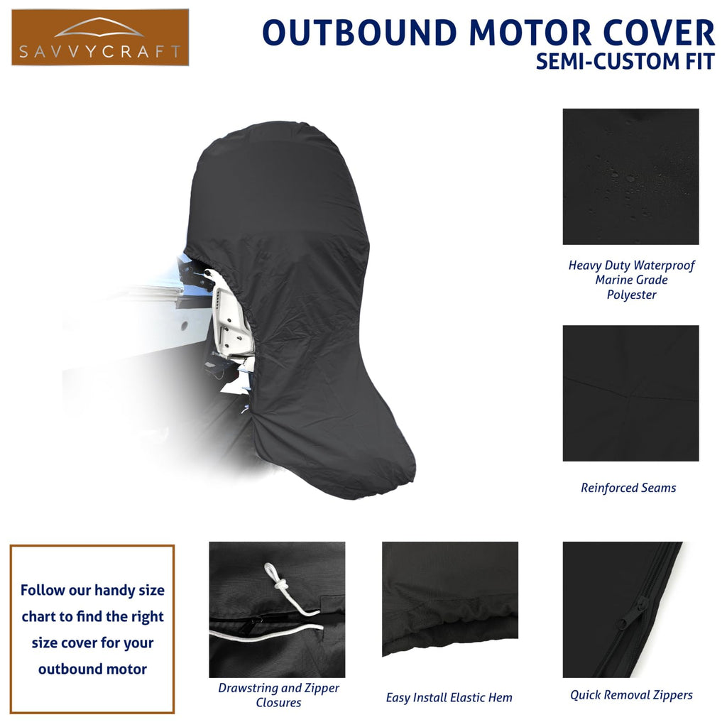 Savvycraft Heavy Duty Outboard Motor Cover, Waterproof 600D Polyester Full Size Boat Engine Cover For Motor Up To 100-150 Hp Bla