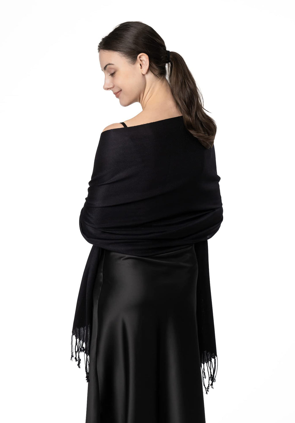 Achillea Large Soft Silky Pashmina Shawl Wrap Scarf In Solid Colors (Black)