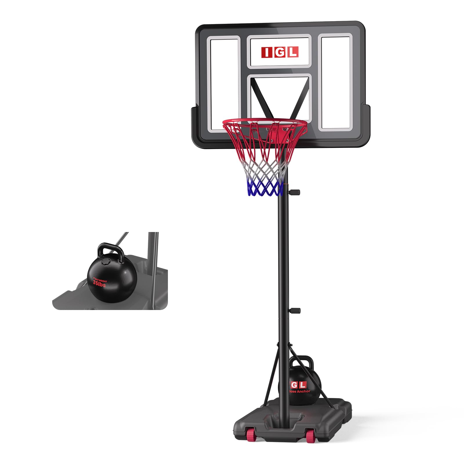 IGL Basketball Hoop Outdoor, 44 Inch Portable Basketball Hoops, 5.6-10 FT Adjustable Basketball Goal System with 35 LB Base Anch