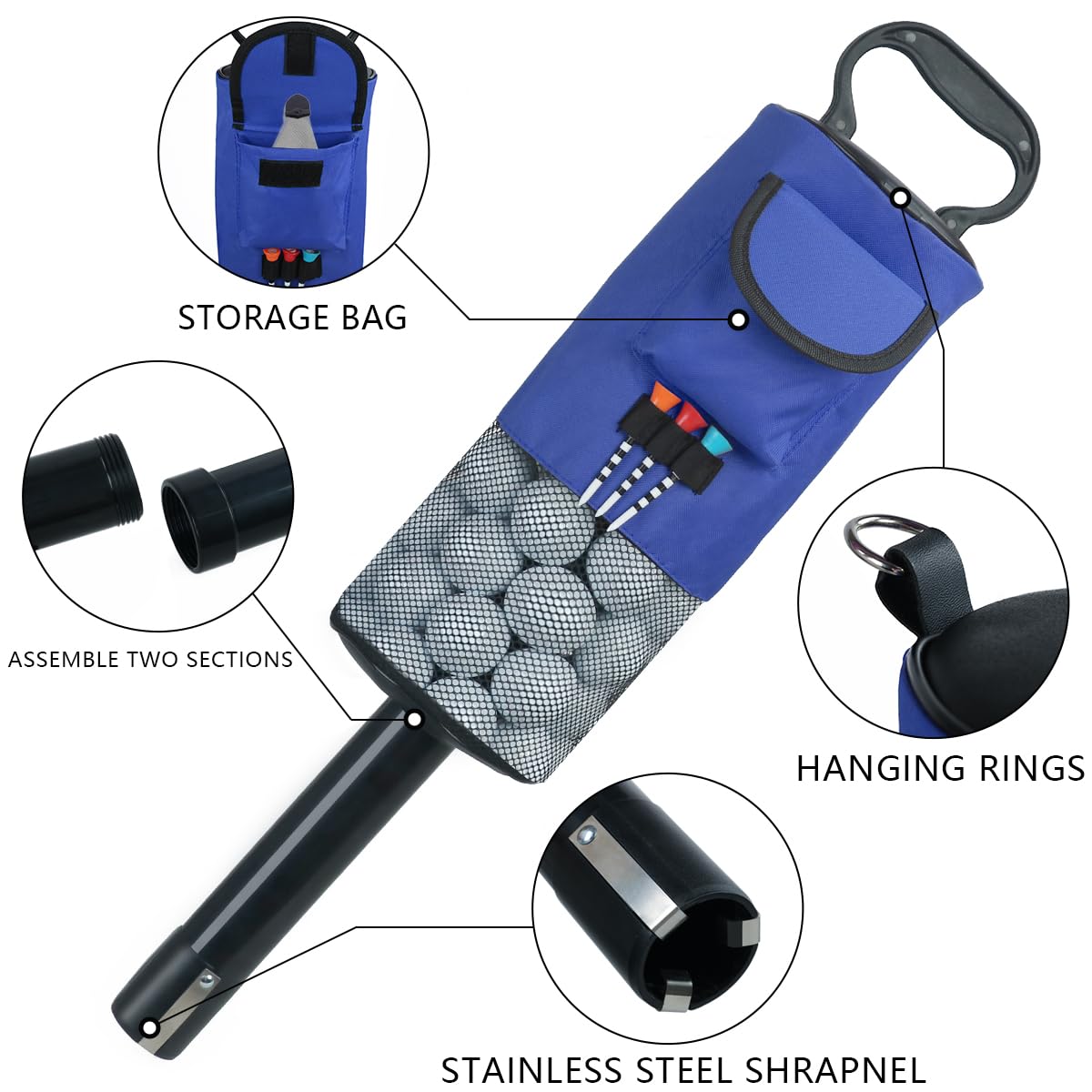 How True Golf Ball Retriever, Portable Shag Bag Golf Ball Pick Up With Removable Plastic Tube, Pocket Shagger Storage, Blue