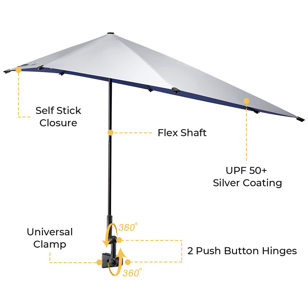 G4Free Upf 50+ Adjustable Beach Umbrella Xl With Universal Clamp For Chair, Golf Bags, Stroller, Wheelchair, Bleacher, Patio(Blu