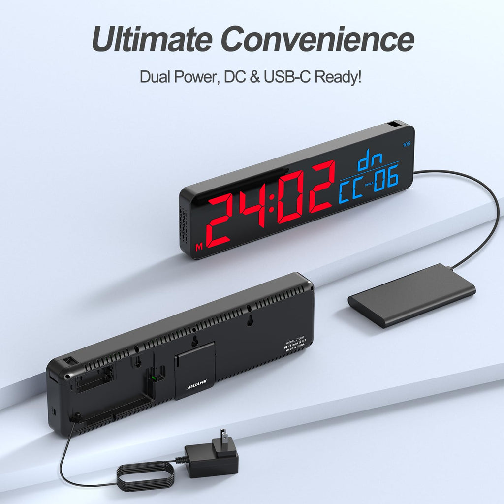 Anjank 15 Large Gym Timer, Led Digital Wall Clock With Seconds, Timing For Workout, Interval & Rounds, Countdown/Up/Stopwatch/12