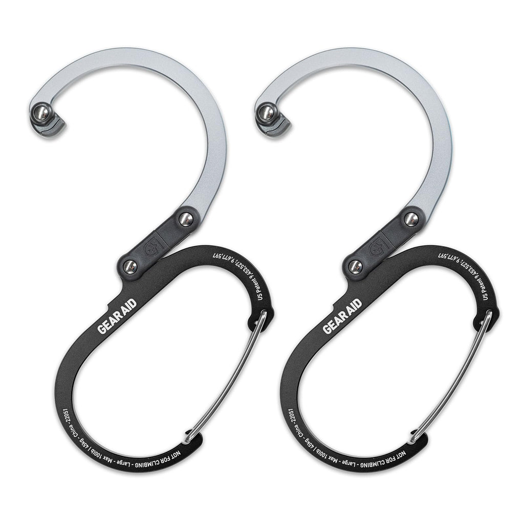 Gear Aid Heroclip Carabiner Clip And Hook (Large) For Camping, Backpack, Organization, And Garage, Black And Gray, 2 Pack