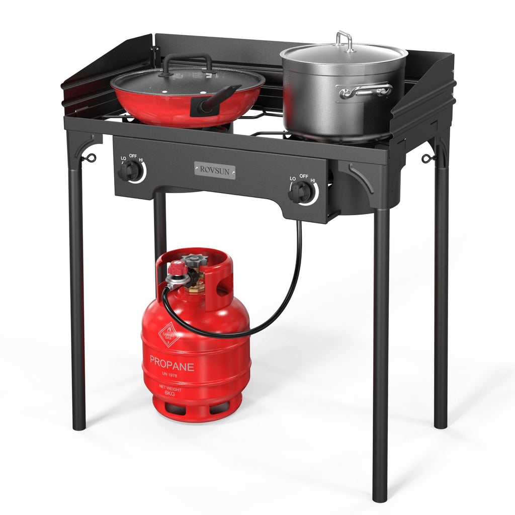 Rovsun 2 Burner Outdoor Camping Stove With Wind Panel & Carrying Bag, 150,000 Btu Propane Burner, Gas Cooker With Detachable Leg