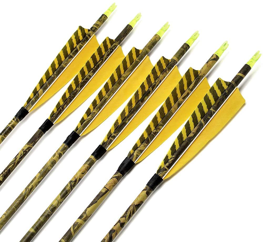 [6 Pack] Archery Sharly 31Inch Carbon Arrow Practice Hunting Arrows With 5 Camo Natural Feathers For Traditional Recurve Bow And