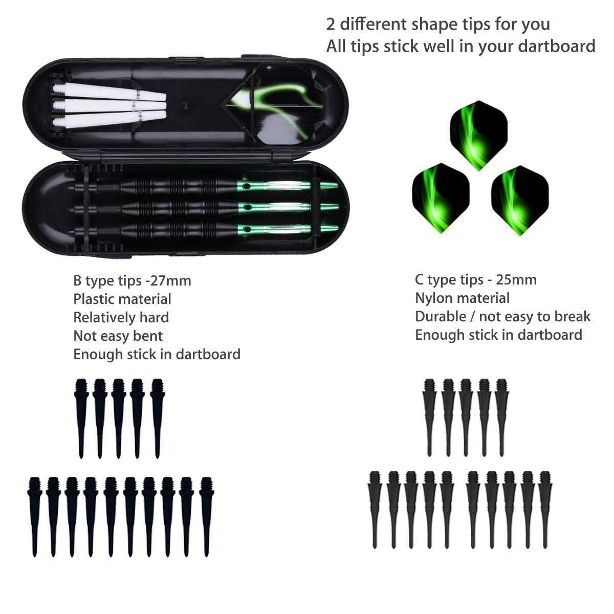 Sanfeng Professional Soft Tip Darts Set 20 Grams W/ 50 O-Rings- 30 Darts Plastic Tip + Green Aluminum Shafts + 6 Standard Flight
