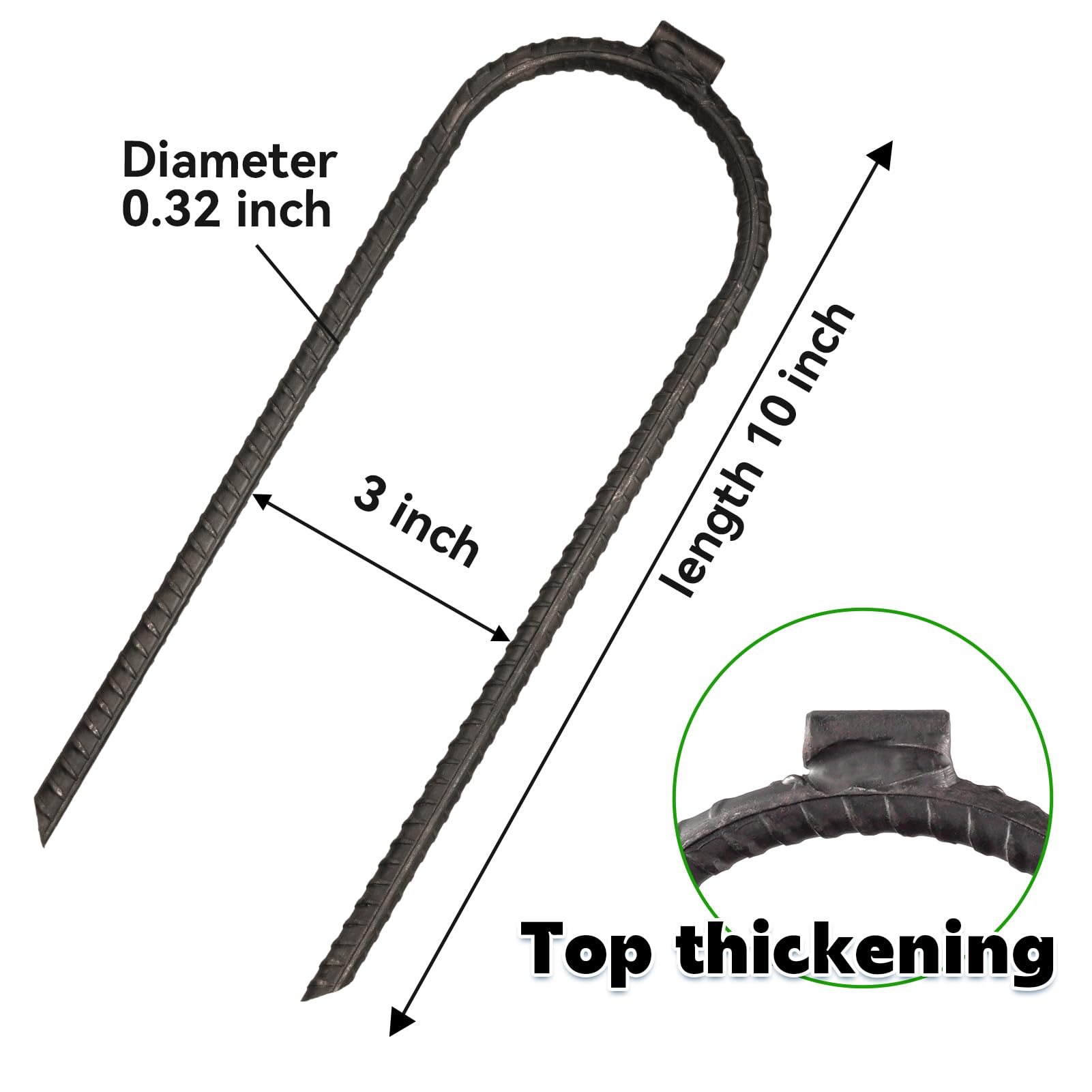Extra-Large 10''X3'' Heavy Rebar Trampoline Wind Stakes Safety Ground Anchor - Duty Steel U Stakes - Black