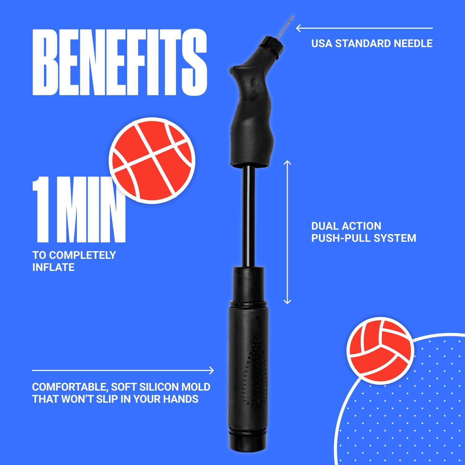 Sportbit Ball Pump With 5 Needles - Push & Pull Inflating System - Great For All Sports Balls - Volleyball Pump, Basketball Infl