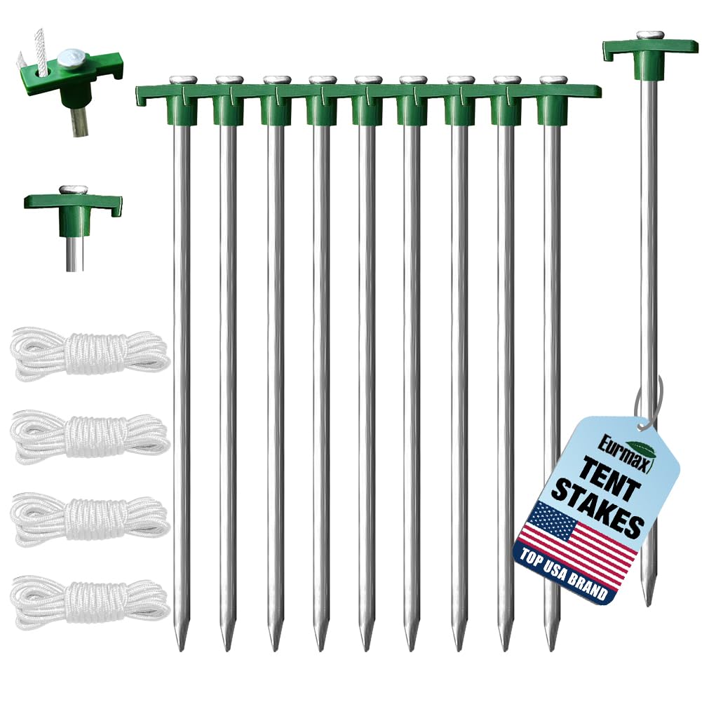 Eurmax Usa Galvanized Non-Rust Camping Family Tent Pop Up Tent Stakes Ice Tools Heavy Duty 10Pc-Pack, With 4X10Ft Ropes & 1 Gree