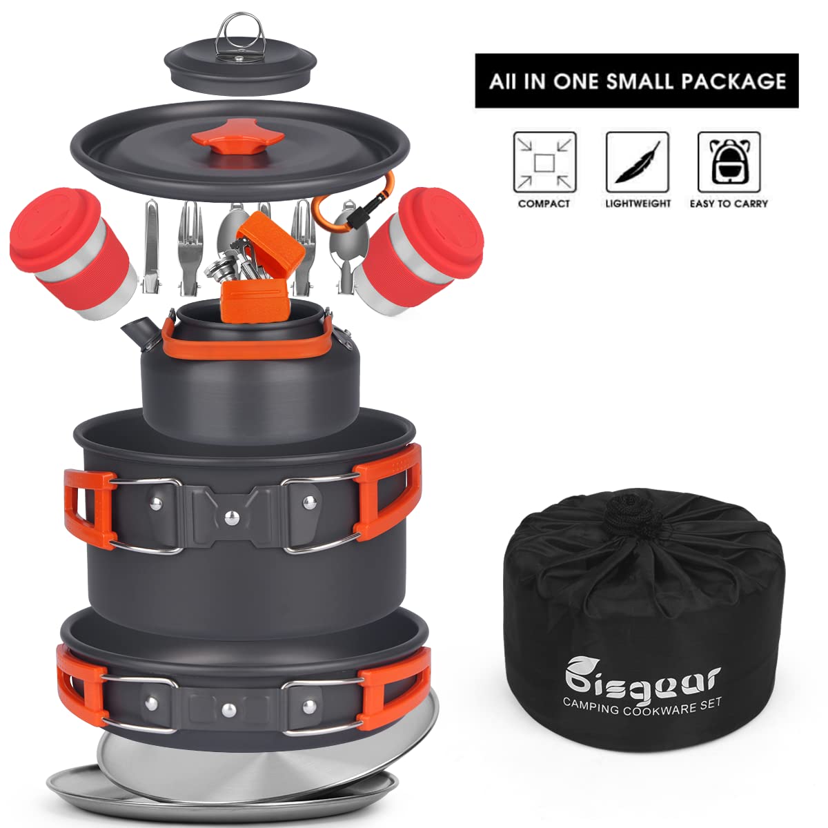 Bisgear Camping Cookware Kettle Backpacking Stove Mess Kit, Camping Pots And Pans Set With Cups Plates Utensils, Camping Kitchen