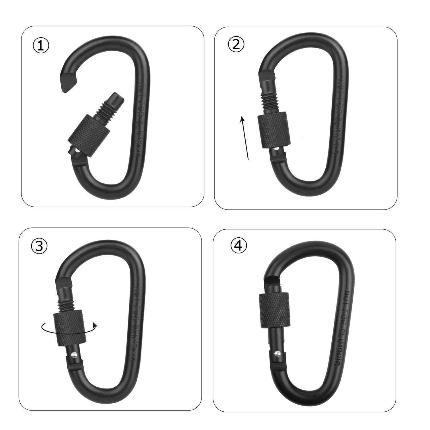 Locking Carabiner Clip, Vonpri Caribeaner Clips Black D Ring Spring Snap Key Chain Hook 3'' Screw Gate Hook Travel Aluminum Cara