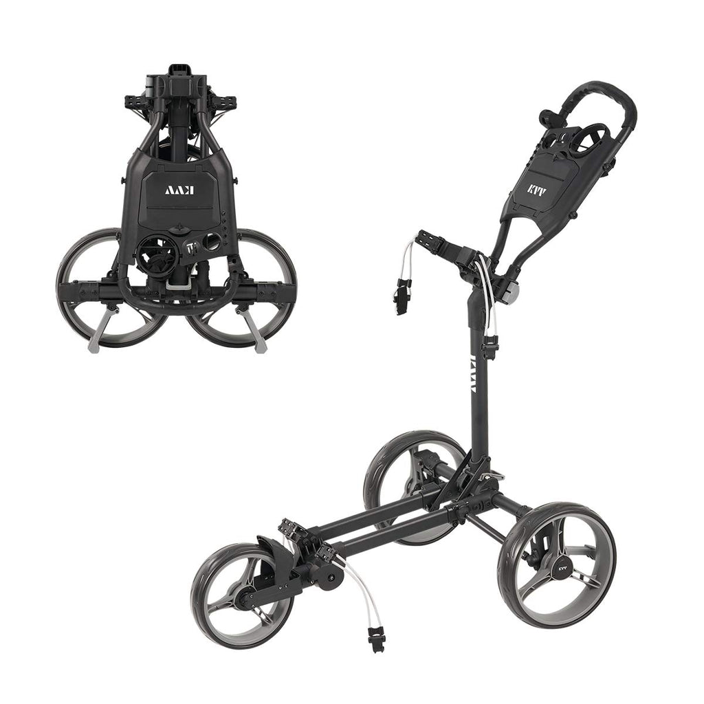 Kvv 3 Wheel Compact Flat Folding Design Golf Push Cart With Lightweight And Sturdy Aluminum Frame, Charcoal
