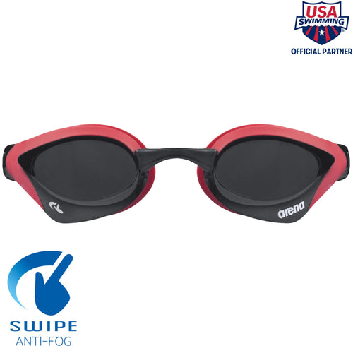 Arena Unisex Cobra Core Swipe Anti-Fog Racing Swim Goggles For Men And Women Polycarbonate Non-Mirror Lens, Smoke/Red