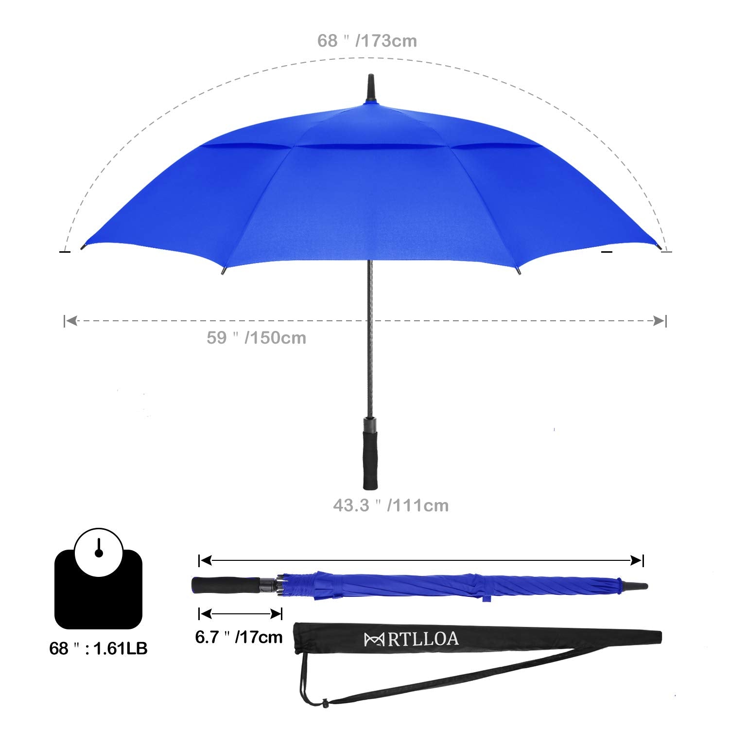Mrtlloa 68 Inch Automatic Open Royal Blue Golf Umbrella, Extra Large Oversize Double Canopy Vented Windproof Waterproof Stick Um