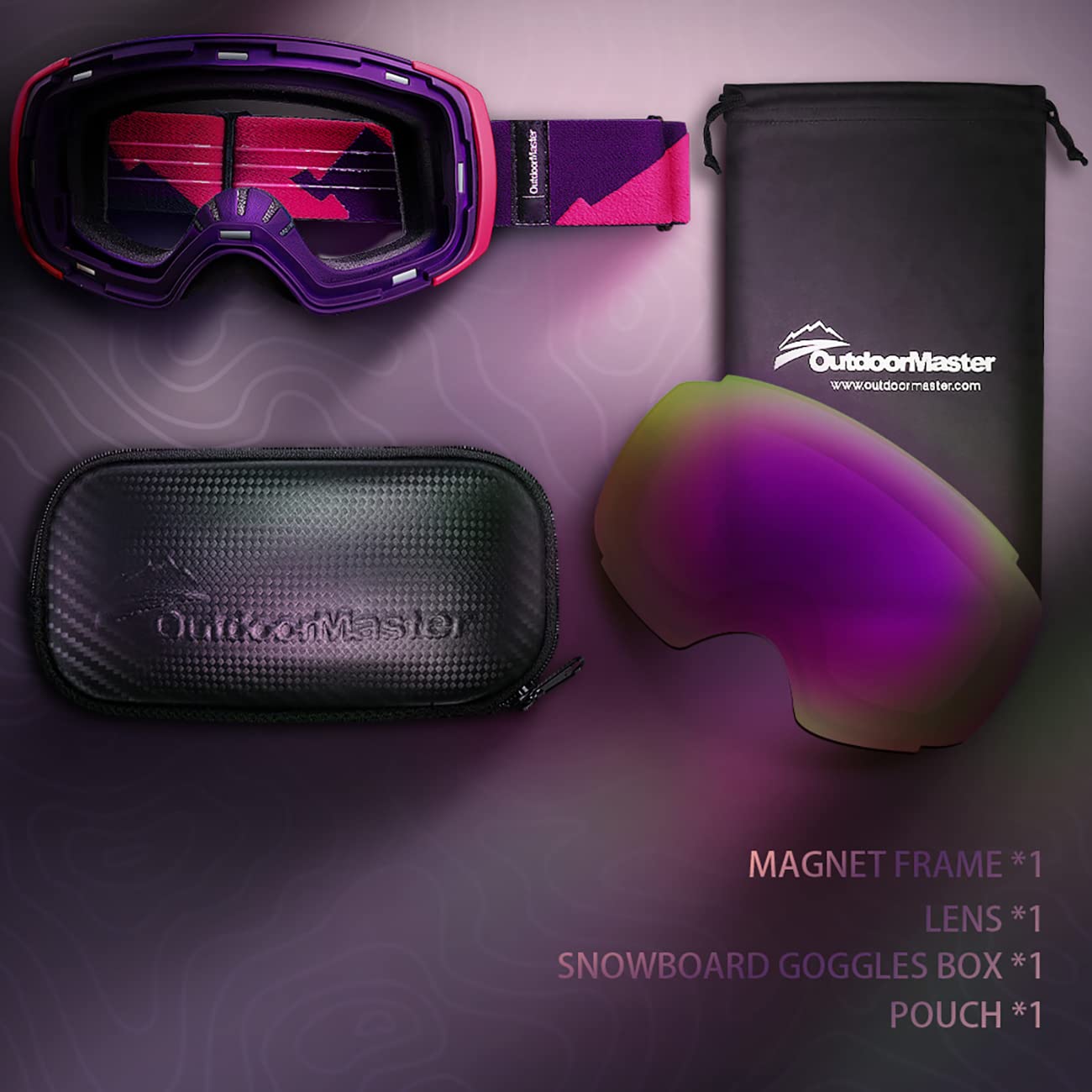 Outdoormaster Ski Goggles Pro - Frameless, Interchangeable Lens 100% Uv400 Protection Snow Goggles For Men & Women (Pink-Purple