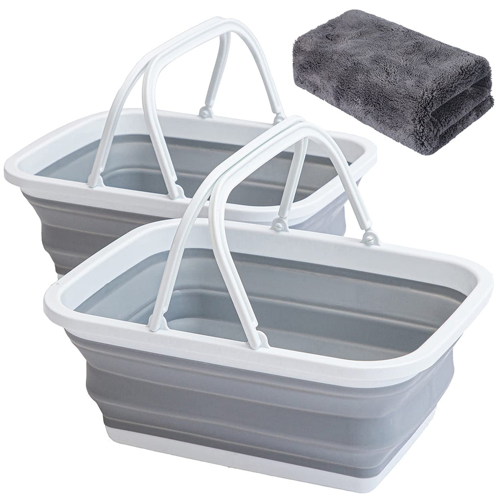 Autodeco 2 Pack Collapsible Sink With Handle Towel, 2.37 Gal / 9L Foldable Wash Basin For Washing Dishes, Camping, Hiking And Ho