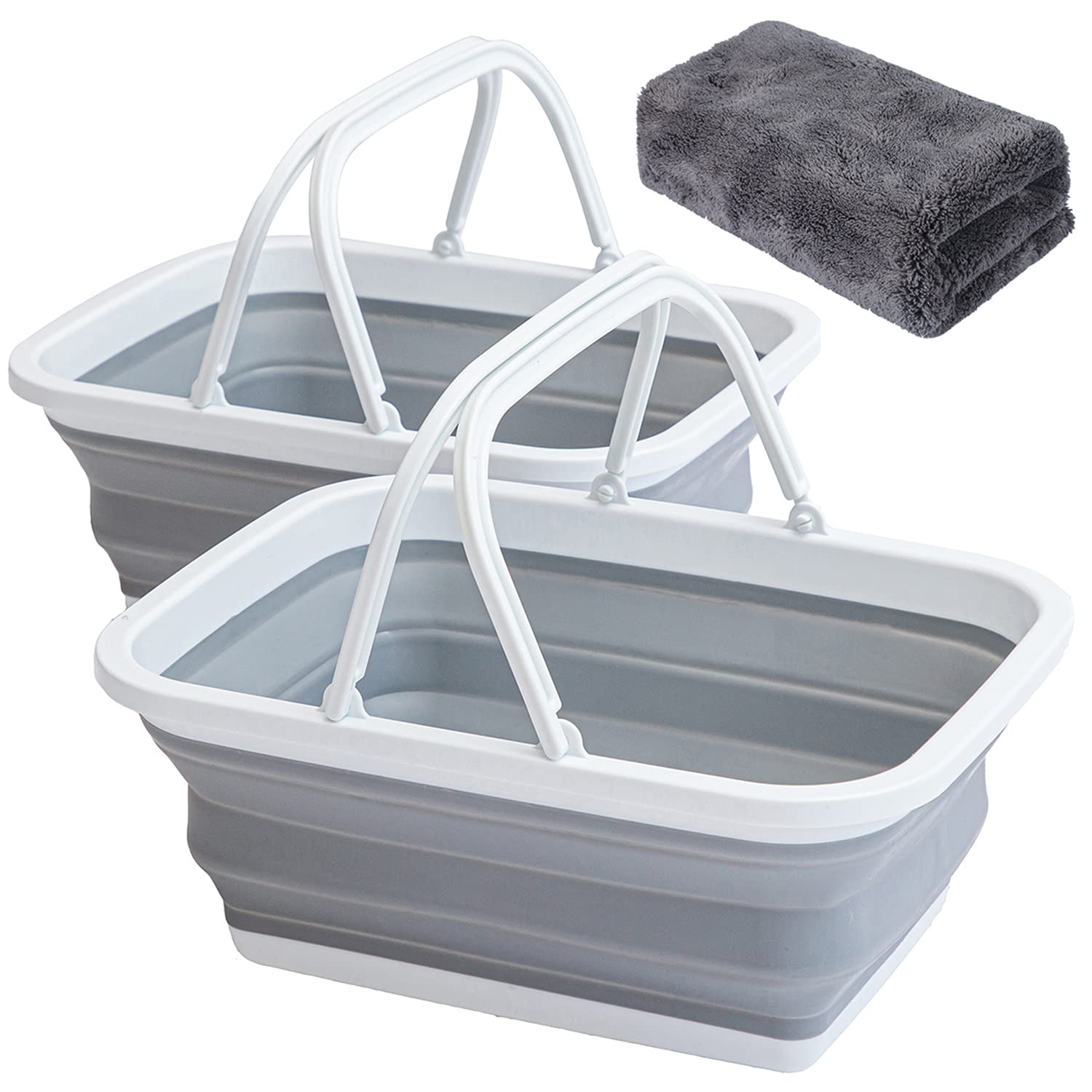 Autodeco 2 Pack Collapsible Sink With Handle Towel, 2.37 Gal / 9L Foldable Wash Basin For Washing Dishes, Camping, Hiking And Ho